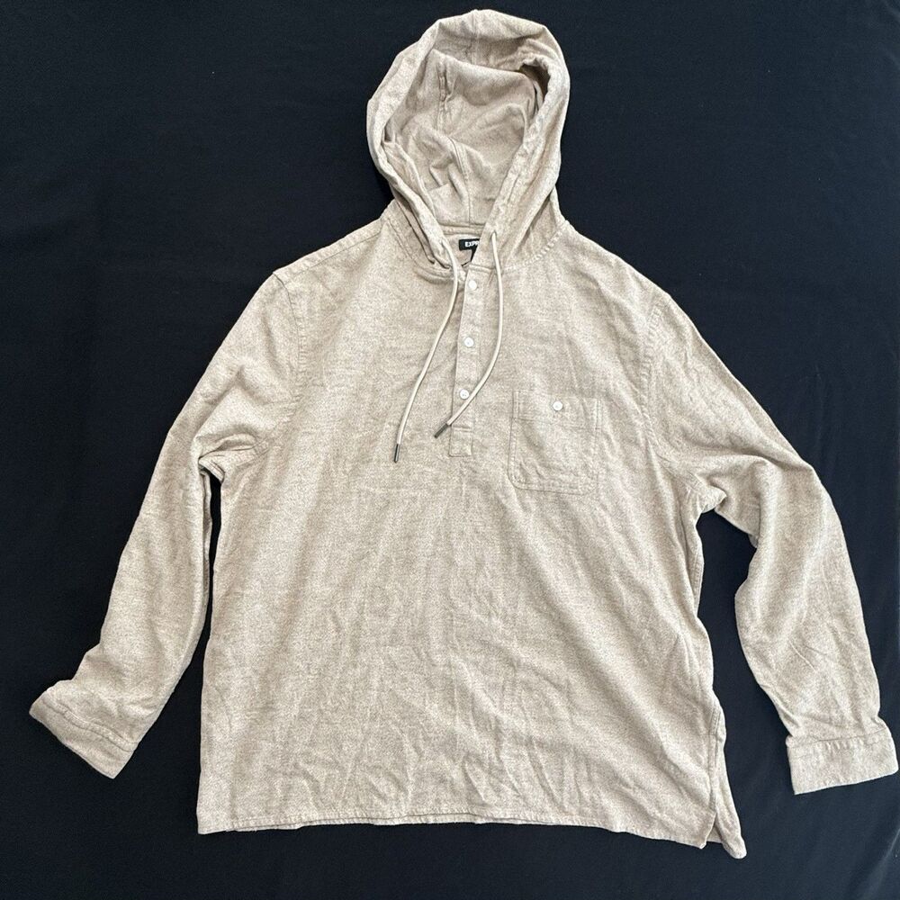 Express Brown Chambray Cotton Men's XXL Long Sleeve Hooded Button Shirt NWT